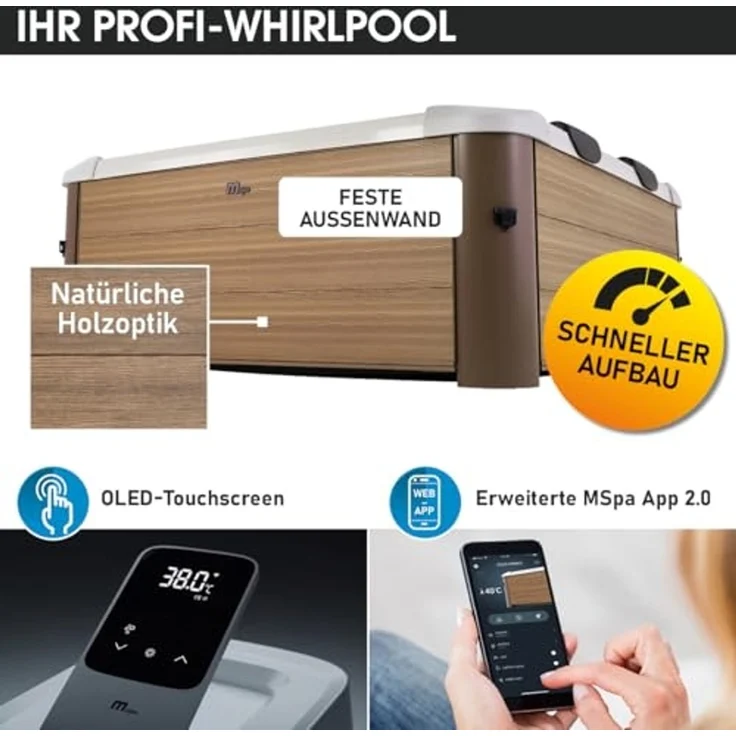 BRAST 'MSpa Oslo' Whirlpool mit LED-Beleuchtung, für 6 Personen, Sapphire & Amber mit Fester Außenwand, 160x160x65 cm – Bild 3