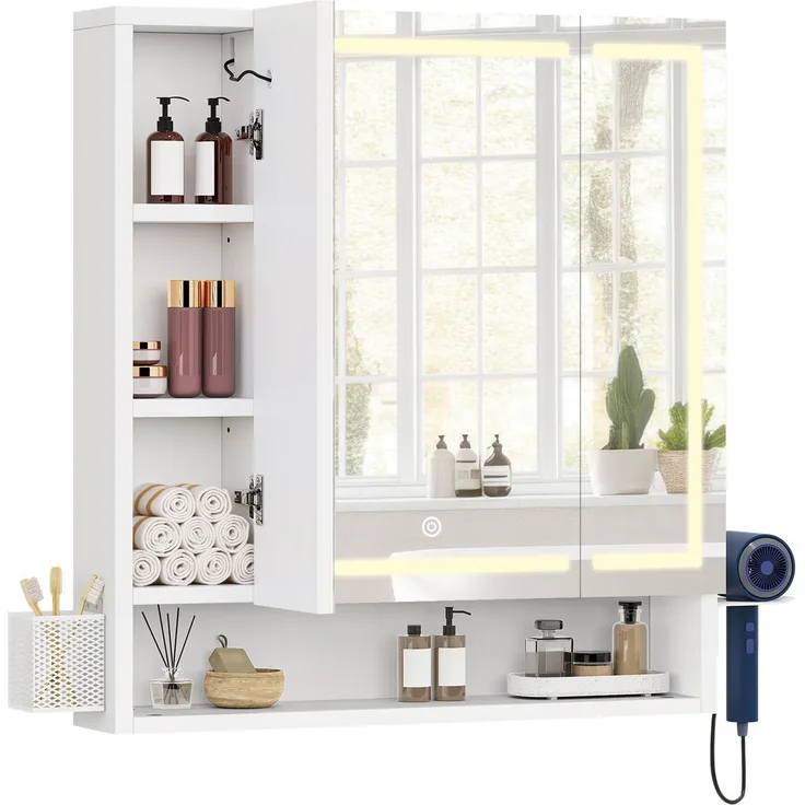 YITAHOME Spiegelschrank Bad mit Beleuchtung, 3 Türen LED Badezimmer Spiegelschrank, Steckdosen, Hängender Badezimmerschrank, Wandschrank, Badezimmerspiegel, 70W x 15D x 75H cm, Weiß