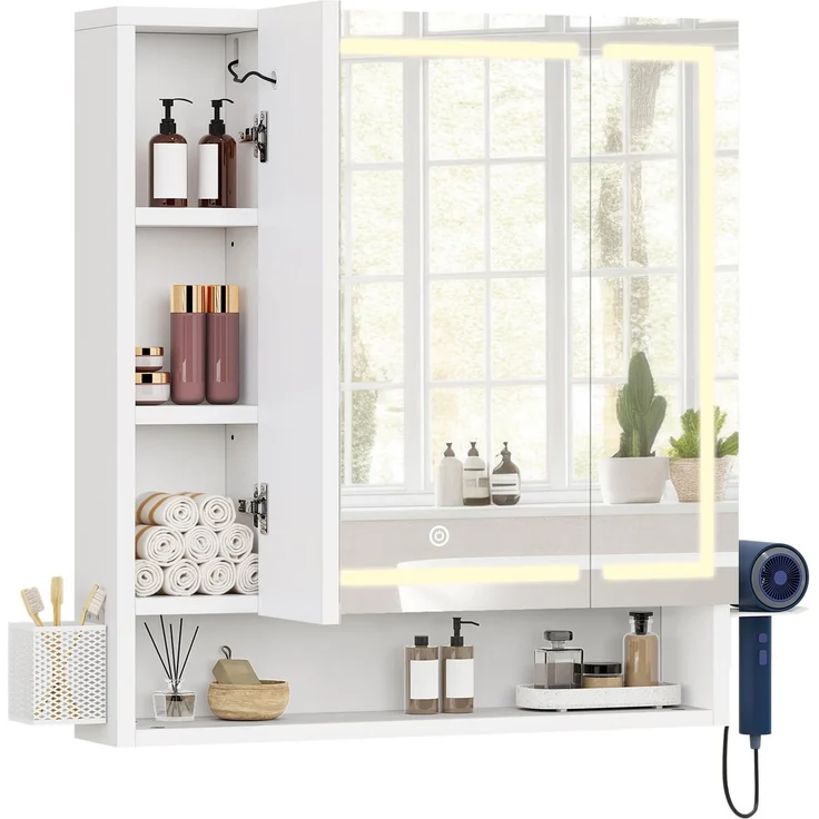 YITAHOME Spiegelschrank Bad mit Beleuchtung, 3 Türen LED Badezimmer Spiegelschrank, Steckdosen, Hängender Badezimmerschrank, Wandschrank, Badezimmerspiegel, 70W x 15D x 75H cm, Weiß