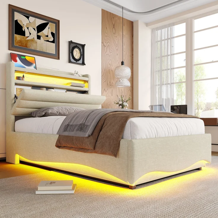 EINHOM Polsterbett, 90x200 cm, ohne Matratze, mit LED-Beleuchtung, mit Hydraulikmechanismus, mit USB- und Typ-C-Anschlüssen, Ablagefach, Ablagen für Gegenstände, Leinenstoff, Beige (Ohne Matratze) – Bild 6