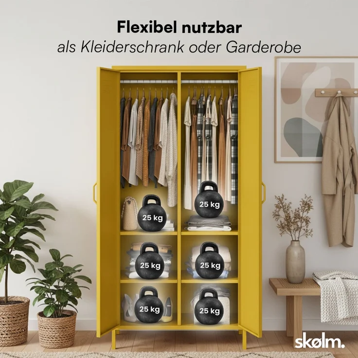skølm 'Atria' Kleiderschrank, Metall, 170x45x80 cm, senfgelb, Garderobe mit 4 Fächern und 2 Kleiderstangen – Bild 5