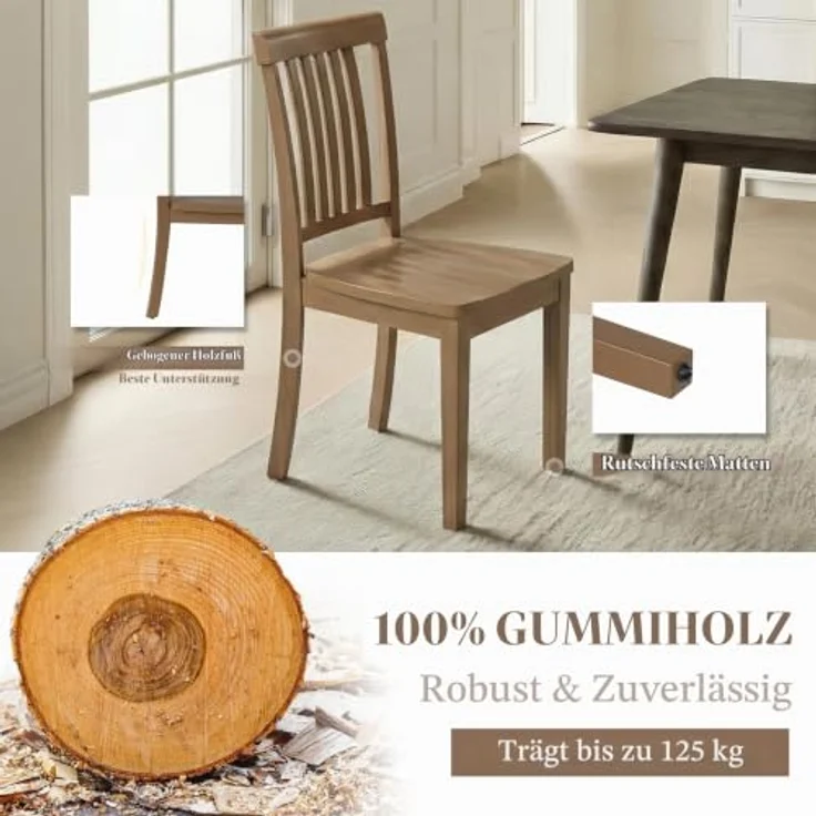 MALOL Esszimmerstühle 2er Set, Holzstühle aus massivem Gummibaumholz, Küchenstühle aus Holz für Esszimmer, Küche und Wohnzimmer, mit hoher Spindellehne im Landhausstil, belastbar bis 125 kg, Hellbraun – Bild 5