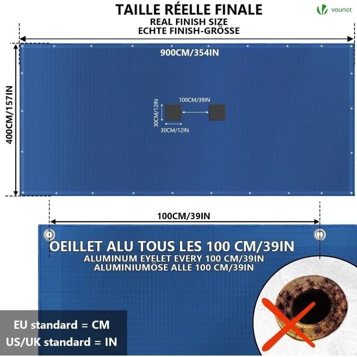 VOUNOT Poolabdeckung rechteckig, Pool Abdeckplane aus Polyethylen 160 g/m² mit Abflussnetz, Doppelte Poolplane Wasserdicht Schimmelresistent Reißfest mit Aluminiumösen 4X9m – Bild 6