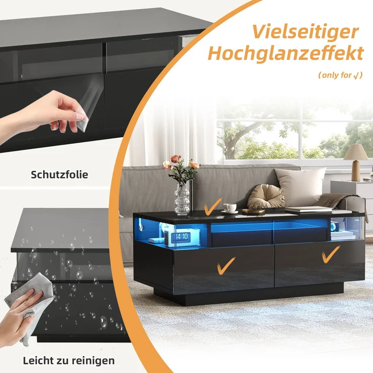 Merax Couchtisch mit Tablett, Hochglanz-Couchtisch fürs Wohnzimmer, Sofatisch mit 2 Schubladen, tragender Beistelltisch aus gehärtetem Glas, kaffeetisch mit LED-Licht, Schwarz – Bild 5