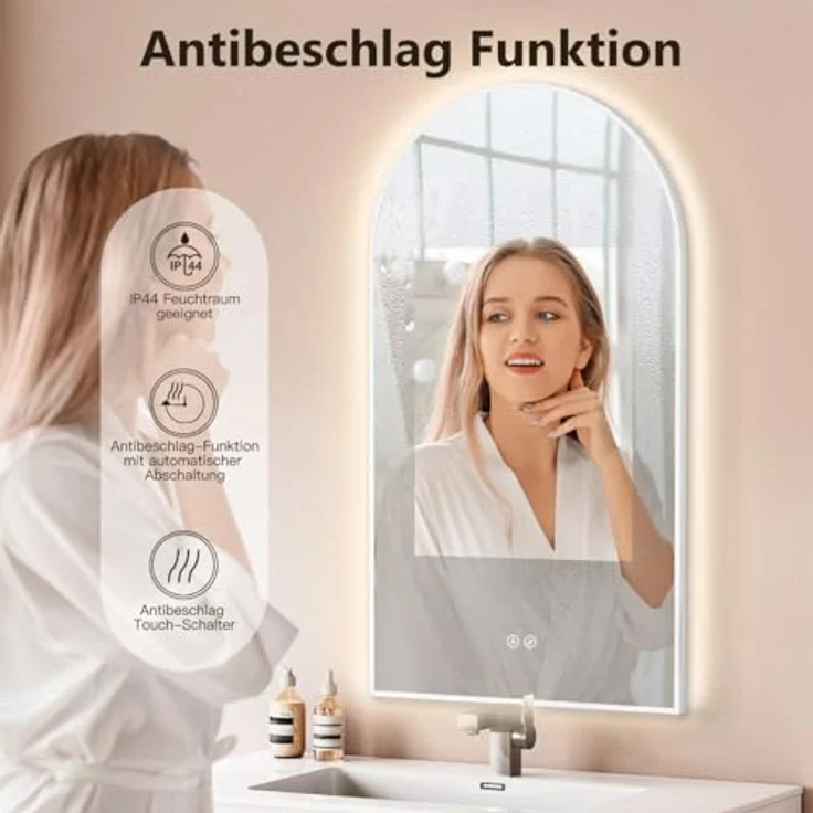 HOKO Modesto LED Bogenspiegel 50x90 cm / 90x50 cm, Antibeschlag-Funktion, Touch-Schalter, stufenlos wechselbare Lichtfarbe 2700-6500K, weißer Metallrahmen, HOCH+QUER Montage – Bild 4