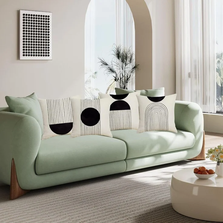 Kissenbezüge 45×45 cm 4er-Set Boho Schwarz/Beige, Mid-Century Arch Sun, Baumwoll-Leinen, Sofa Deko – Bild 2