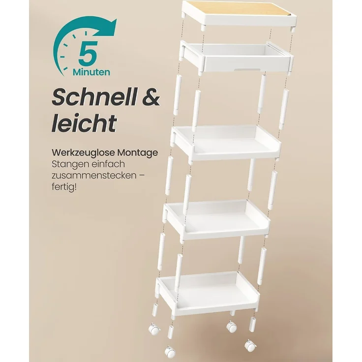 SONGMICS Rollwagen mit Schublade, Küchenwagen 4 Ebenen, abnehmbare Oberplatte, Kunststoff, für Küche, weiß-eichenfarben – Bild 6