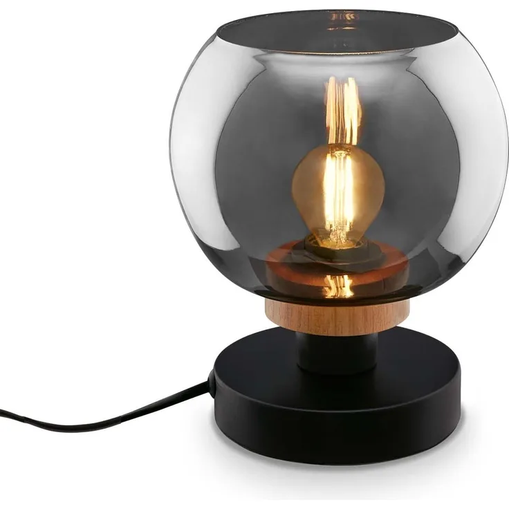 BRILONER – Nachttischlampe, Rauchglas, Kabelschalter Schreibtischlampe, Tischlampe E14 für Home Office, Leselampe, Schwarz-Holz