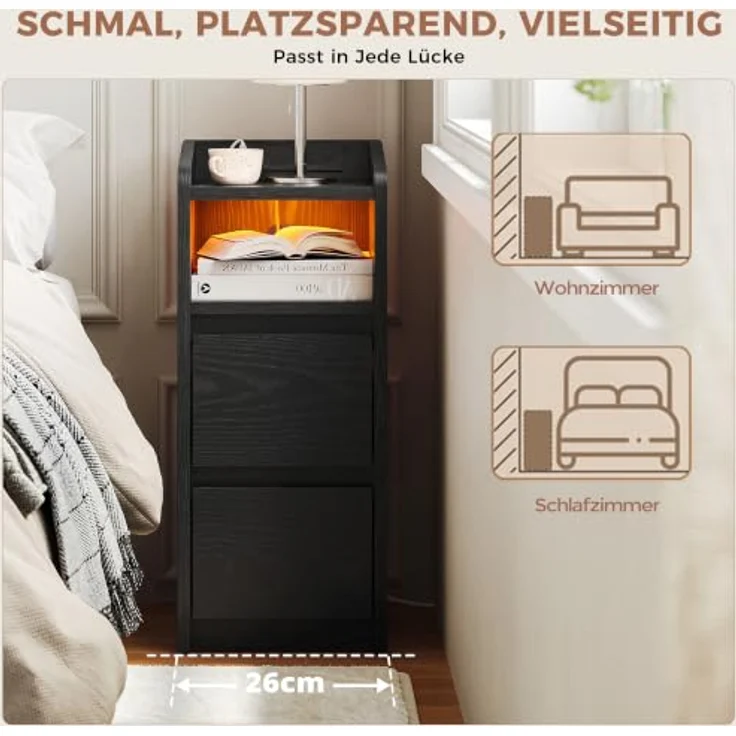 IRONCK Nachttisch 2er Set mit Ladestation und LED (Schwarz) | Weiß Nightstand mit 2 Schubladen, Nachtschrank für Schmale Räume Schlafzimmer, Wohnzimmer, Modern Narrow Bedside Table – Bild 7
