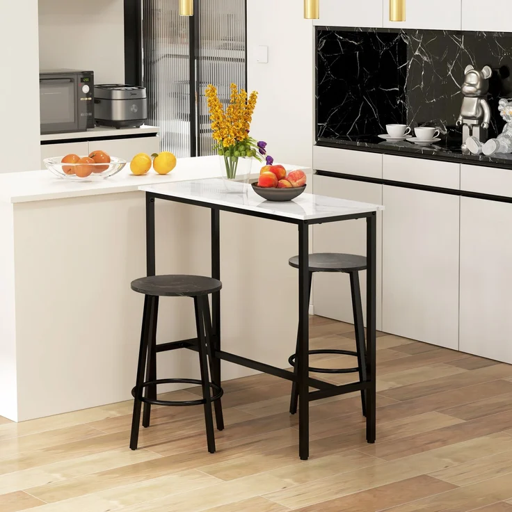 MELAYR, Bar-Set für 2 Personen, 1 Tisch mit 2 Barhockern, 100 x 40 x 90 cm, Weiß+Schwarz – Bild 3