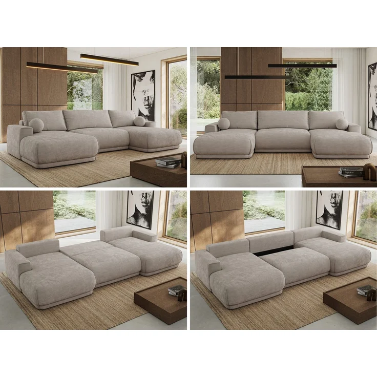 XXL Wohnlandschaft RINA U-Form 360 cm breit, Sofa mit Schlaffunktion & DL-Mechanismus, Wellenfederung, modern freistehend - Hellgrau Schenille glatt – Bild 2
