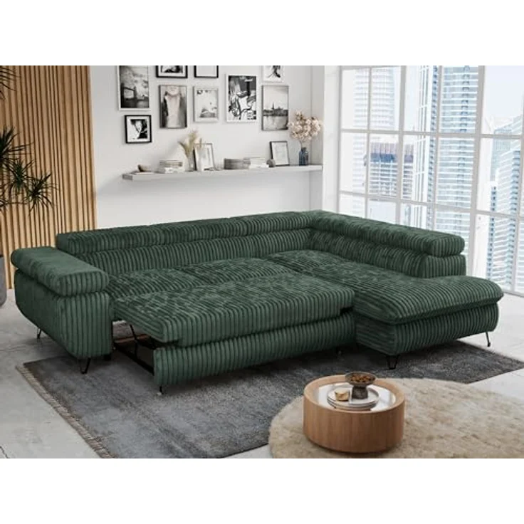 Mks Möbel 'Peter L-form' Ecksofa mit Bettfunktion, Bettkasten & einstellbaren Kopfstützen, Grün, Cord, rechts – Bild 6