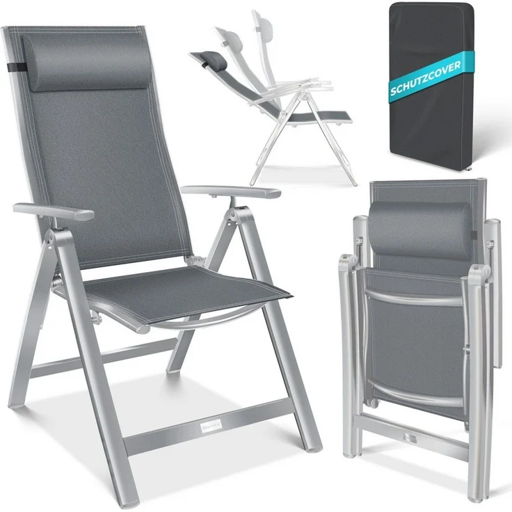 KESSER® Gartenstuhl Hochlehner mit Armlehnen | Aluminium Klappstuhl inkl. Kopfkissen Campingstuhl 7-Fach Verstellbar Rückenlehne | Atmungsaktiv & Wetterfest | Klappbar & Anti-Rutsch Hellgrau, 1 Stück – Bild 1