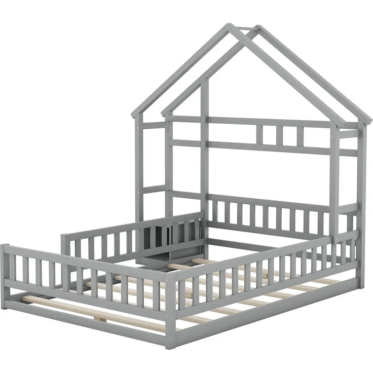 Kinderhausbett, Flachbett aus Kiefernholz mit Geländer, inklusive Nachttisch, stabiles Massivholzbett für Kinder,Grau – Bild 7