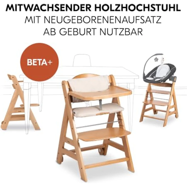 hauck Beta+ Hochstuhl Newborn Set mit Deluxe Bouncer - Natural | Mitwachsender Holz Kinderhochstuhl mit Rollen ab Geburt bis 90 kg | inkl. Neugeborenenaufsatz, Essbrett & Sitzkissen – Bild 3