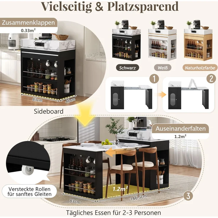 Merax Kücheninsel mit Rollen, Ausziehbarer Esstisch mit faltbarer Tischplatte, Bartisch mit Steckdosenleisten und Haken, dient als Kücheninsel, Sideboard oder Bartisch(Schwarz) – Bild 6