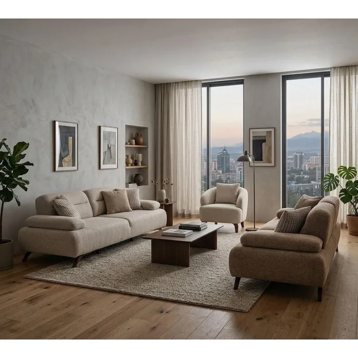 JVmoebel Polstergarnitur Moderne Wohnzimmermöbel Beige Holzgestell Komfortabel Entspannend, (3-tlg), Made in Europa