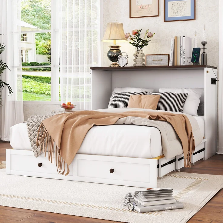 Schrankbett 140x200 cm mit Schublade und Regal, Klappbett mit integriertem USB-Anschluss und Steckdose, Bett mit Stauraum und Regalablag – Bild 1