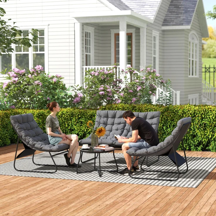 4-Sitzer Gartenmöbel-Set, 2 Stühle, 1 Doppel-Sofa, 1 Tisch, dicke Kissen, Stahlrahmen, für Terrasse, Grau--Grau--122x87x85cm--YOUDENOVA – Bild 3
