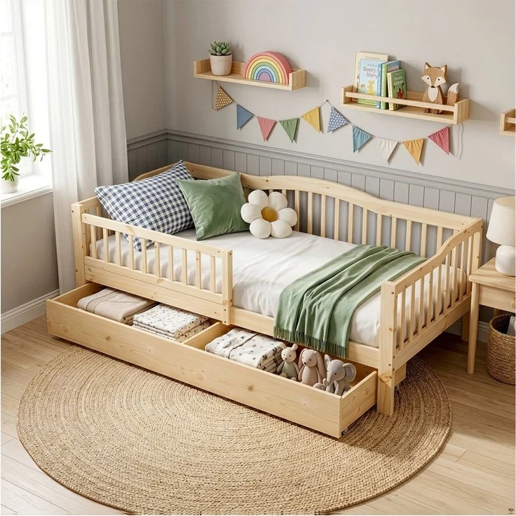 LEADZM Kinderbett mit Schubladen 70x140 / 80x160 / 90x200cm, Hausbett mit Lattenrost, Bodenbett mit Stauraum und Abnehmbarer Barriere, Naturbelassen – Bild 1