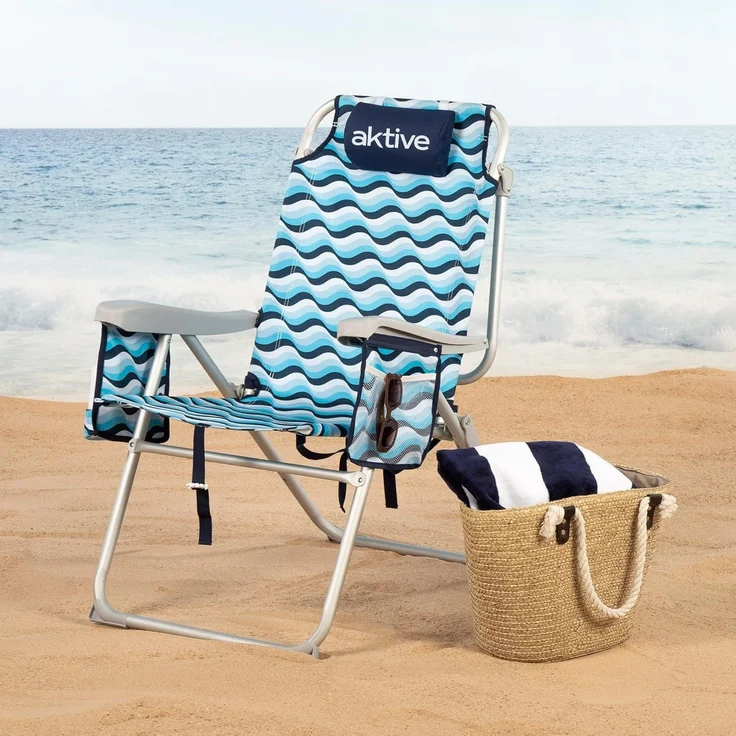 AKTIVE Strandstuhl, klappbar, 64 x 63 x 43/105 cm, Aluminium und Polyester, 5 Positionen, mit Rucksackgriffen, Armlehnen und Seitentaschen, Kippschutz, robust und leicht, Modell Aruba (62416) – Bild 2