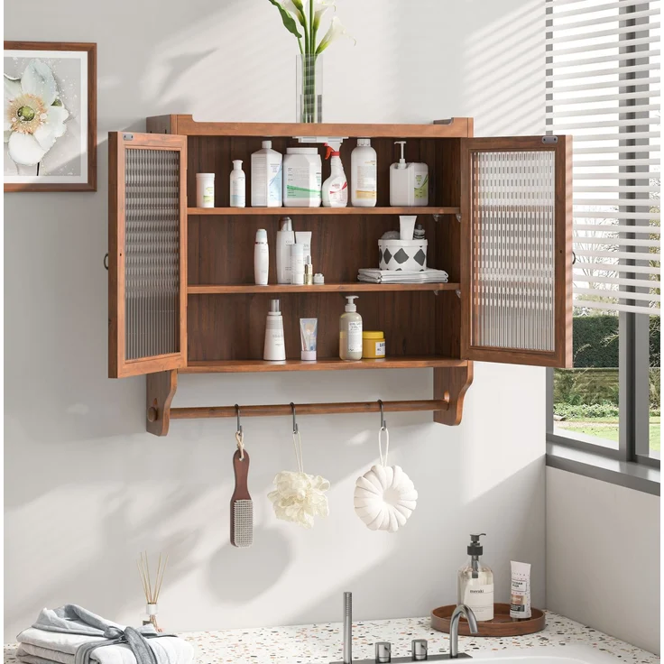 DESVIAE Vitrine zur Wandmontage mit Glastüren, 63x60x18 cm, Massivholz, MDF und Glas, Braun – Bild 4