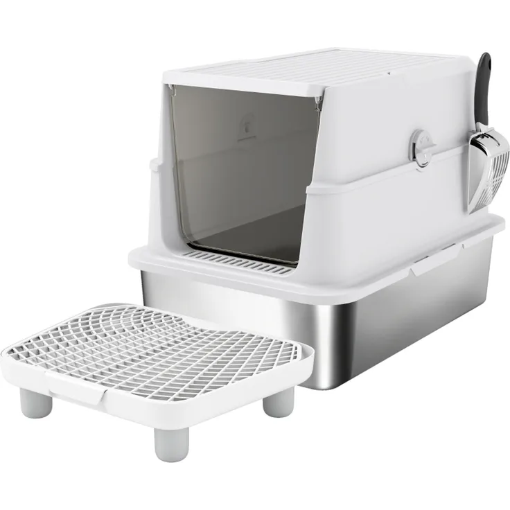 Katzentoilette, Edelstahl, XL-Innenraum, mit Schaufel, Hellgrau--Hellgrau--60.2x40.2x43.3cm--YOUDENOVA