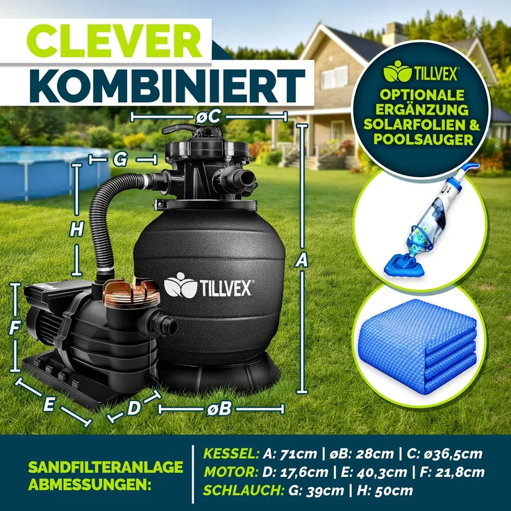 tillvex® Sandfilteranlage Pool Schwarz 13.200L/h bis 40.000L + 1200g Filterbälle | Filteranlage 7-Wege Ventil & 2in1 Adapter Ø32-38mm | Poolfilter Selbstansaugend | Sandfilter Schwimmbecken – Bild 3