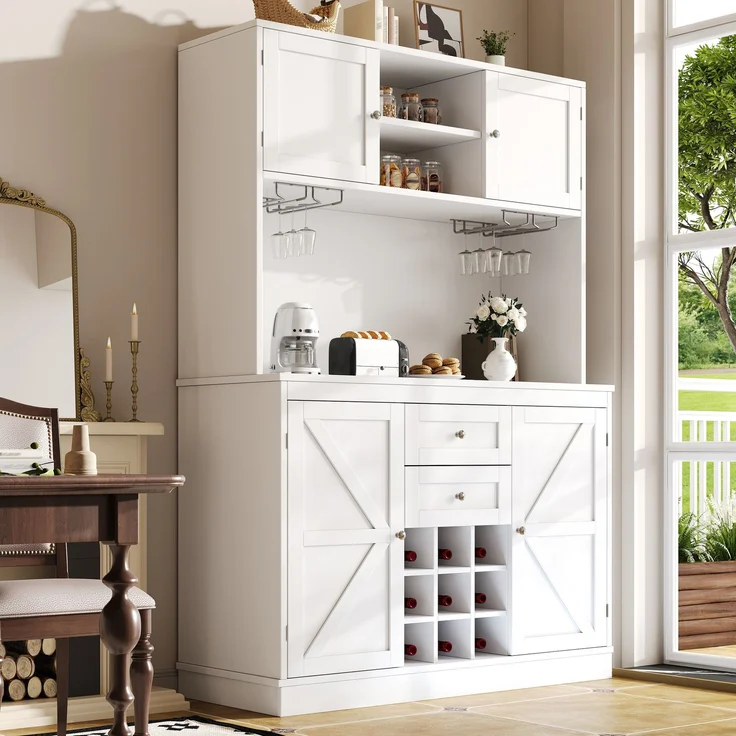 Küchenschrank mit verstellbaren Ablagen & Weinregal, Hochschrank Küchenbuffet mit 4 Türen & 2 Schubladen, Sideboard für Küche & Wohnzimmer, Buffetschrank, Weiß – Bild 1
