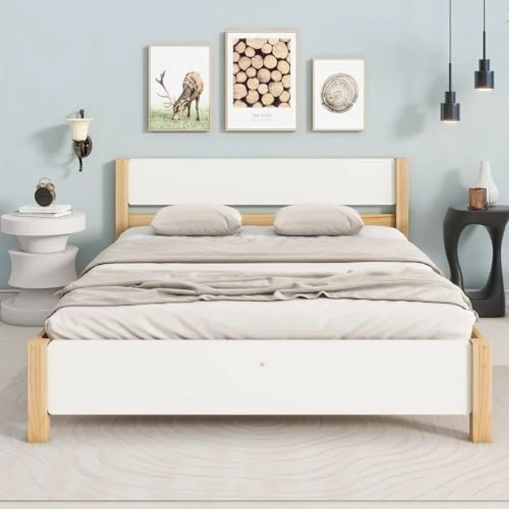 Ball & Cast Massivholzbett (140x200 cm) mit Kopf- und Fußteil aus MDF, Holzbett mit Lattenrost, ohne Matratzen, EStabil & Rauschlos, Weiß+Natur – Bild 1