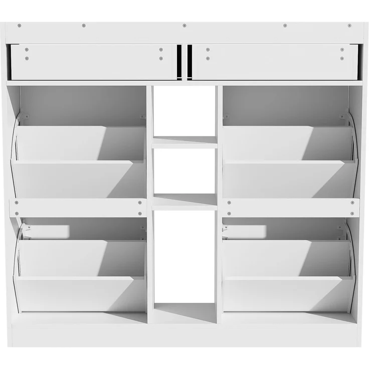 Schuhschrank aus Spanplatte mit 4 Klapptüren, 2 Schubladen & offenen Fächern, 110x26x100 cm, Weiß – Bild 7