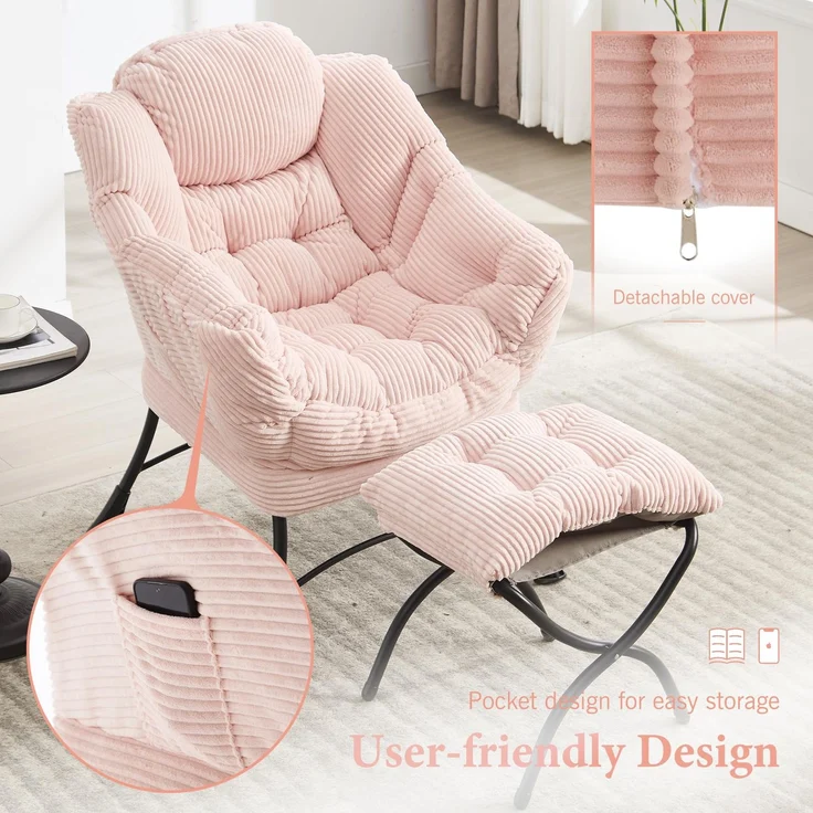 LVHOM Relaxsessel mit Hocker, Loungesessel mit Seitentasche, Lesesessel aus Cordstoff, bequem gepolstert, Metallgestell, bis 180kg belastbar, Rosa – Bild 4