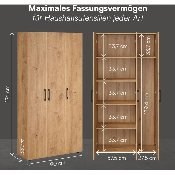 Bellamio 'Apol' Mehrzweckschrank, Eichenoptik, 176x33x90 cm, Putzschrank mit 3 Türen und 5 Regalen, Besenschrank mit Staubsaugerfach – Bild 6