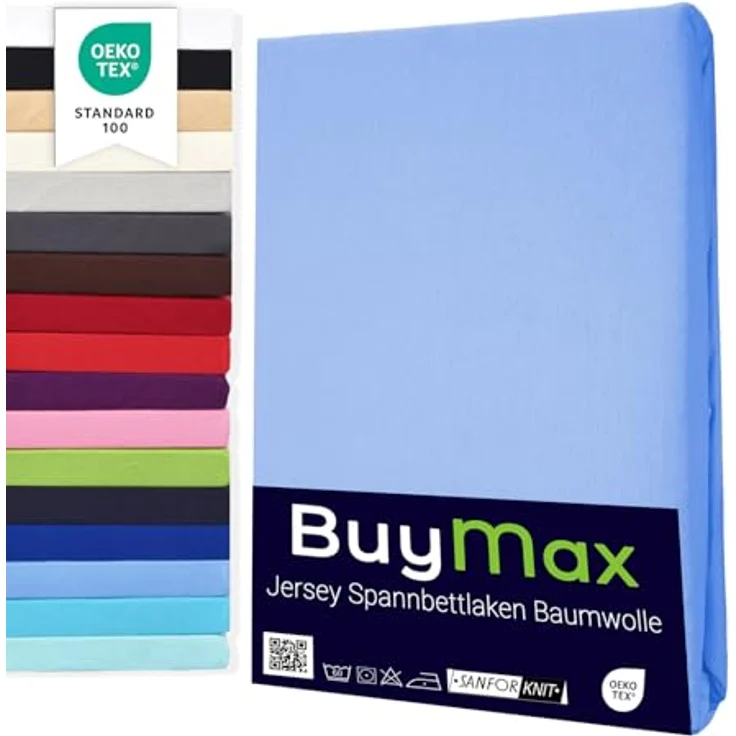 Buymax® Spannbettlaken 100x200 cm Baumwolle 100% Spannbetttuch Bettlaken Jersey, Matratzenhöhe bis 25 cm, Farbe Hellblau – Bild 2