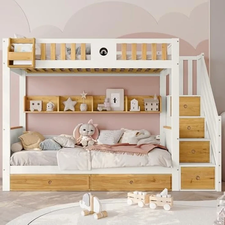 Ball & Cast Hochbett (90x200cm) Kinderbett mit 4 Spinden in der Treppe, Einzelbett mit Geländer und 2 Schubladen, Weiß+Natur – Bild 4