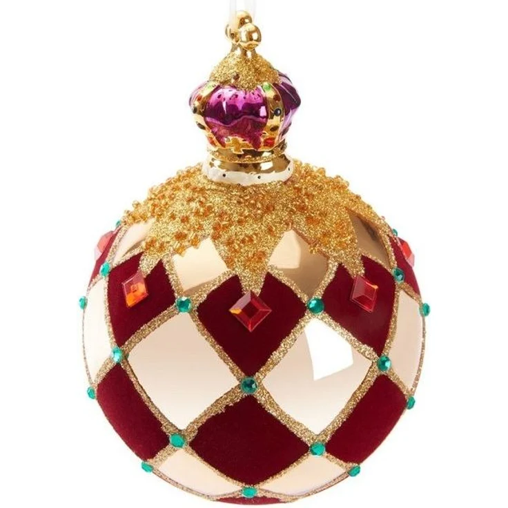 BRUBAKER Weihnachtsbaumkugel Premium Weihnachtskugel "Royal King" - Königliche Baumkugel Gold Rot (1 St), Kariert mit Samt, Glitzer und Krone - 14 cm große Baumkugel aus Glas – Bild 4