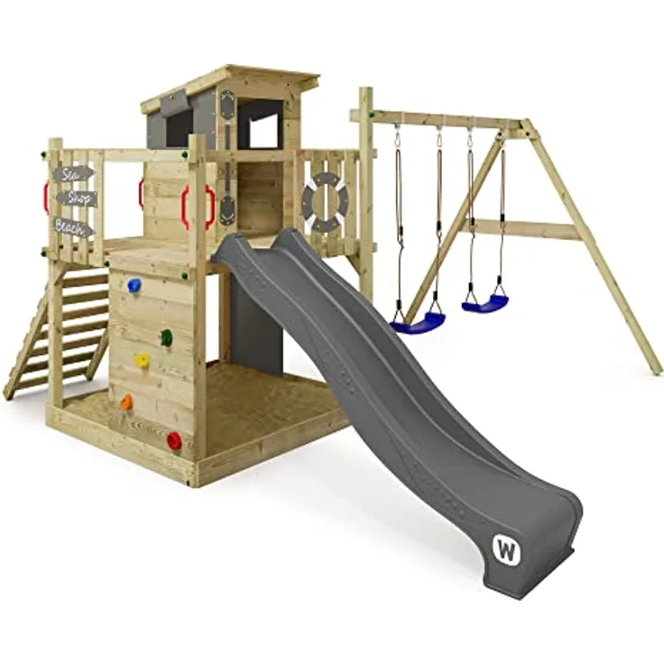 Wickey Spielturm Smart Camp, Kletterturm mit 220 cm Rutsche, Schaukel und Spielhaus aus Massivholz, 10 Jahre Garantie