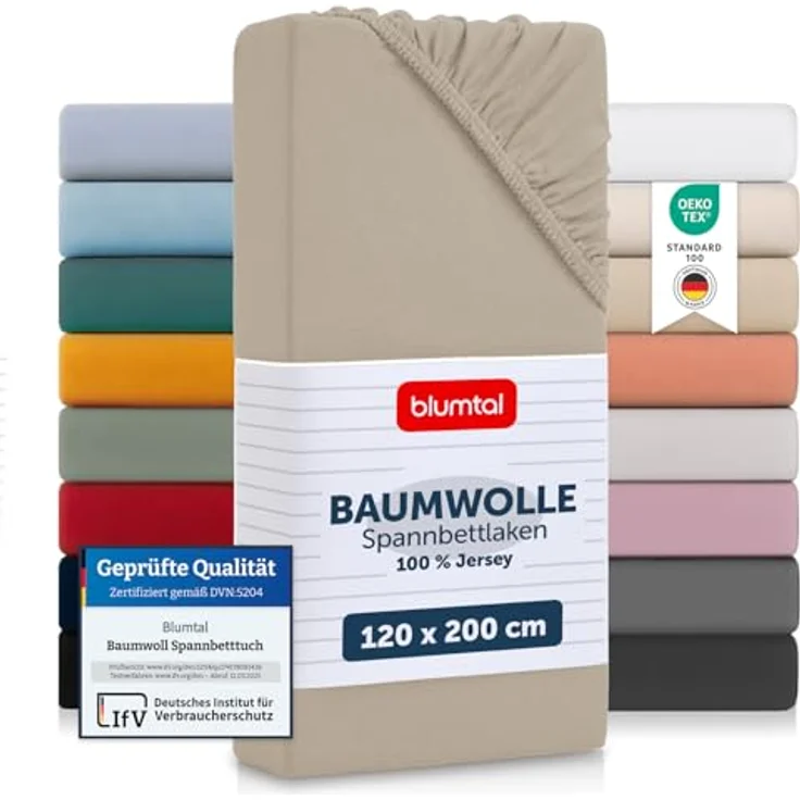 Blumtal® Baumwolle Spannbettlaken 120x200 cm Basics Jersey - Bettlaken 120x200 cm - Oeko-TEX zertifiziertes Spannbetttuch 120x200 cm - Matratzenbezug 120x200 cm - Bettbezug - Leintuch - Taupe – Bild 2