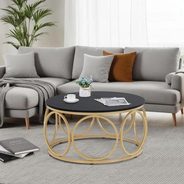 M MCombo Couchtisch Rund Holz, Modern Sofatisch Schwarz-Gold, Klein Kaffeetisch Metallgestell, Beistelltisch für Wohnzimmer, Durchmesser 80cm, 2102 – Bild 7