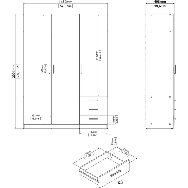 Dmora - Kleiderschrank 3 Türen Thea, Schlafzimmermöbel, Schrank, Garderobe, 147x50 h200 cm, Grau – Bild 2
