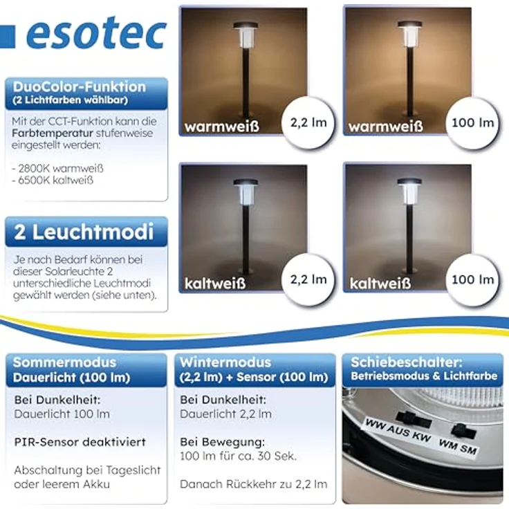 Esotec PIR Solarleuchte Ancona, Duo Color, LED Standleuchte mit Bewegungsmelder, IP44, wetterfest, silber, Höhe 71cm, 2 Betriebsmodi – Bild 3