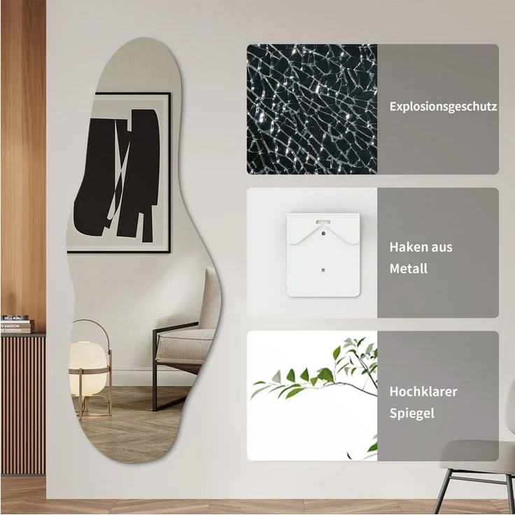 Hopibath Wandspiegel Ganzkörper Ganzkörperspiegel 165x60 cm ohne Rahmen (Dekospiegel Flurspiegel modern, 1-St, Asymmetrisch, Rahmenlos), für Garderobe & Flur, Wohnzimmer, Schlafzimmer – Bild 2