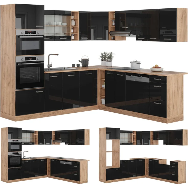 Eckküche R-Line Schwarz Hochglanz/Goldkraft Eiche 247 x 237 cm ohne Arbeitsplatte Vicco – Bild 6