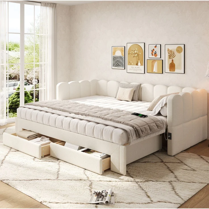 CHICFURN Bett aus Leinen Beige 90/180x200 cm mit 2 Schubladen und USB- und Type-C-Anschlüssen – Bild 2