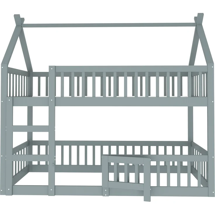 Hochbett Mit Spielebene Grau 90x200 Holz Metall Sicherheitsgeländer Treppe 120kg Tragkraft Kinderzimmer Spielbett Schlafbereich Multifunktional – Bild 6