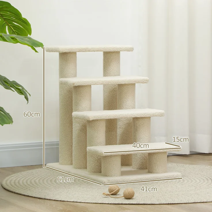 JARDJ Tiertreppe für Hunde und Katzen 4-Stufen Plüsch Beige 63,5x43x60cm ideal für ältere Tiere – Bild 3