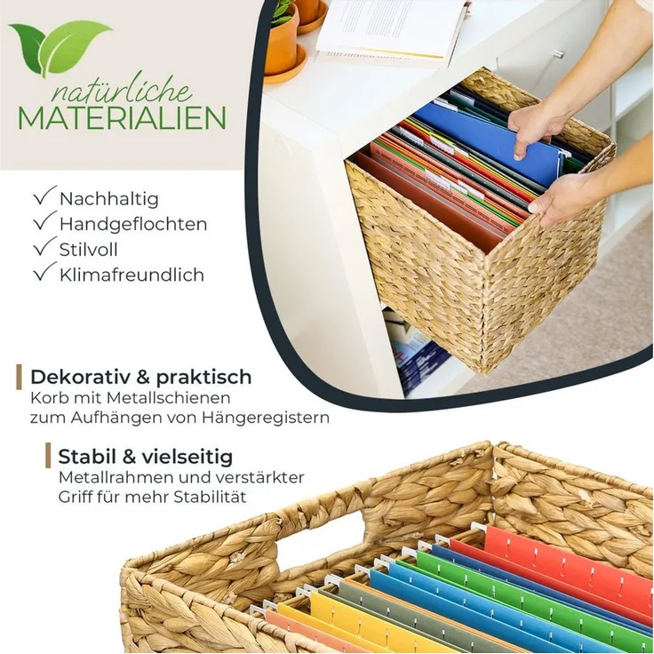 HMF Hängeregistraturbox Aufbewahrungskorb für DIN A4 Hängeregister passend für KALLAX, Korb, geflochten aus Wasserhyazinthe mit Griffen, 33 x 38 x 32 cm, Natur