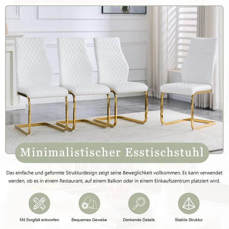 Esszimmerstuhl im Rautenmuster, PU-Lederoptik mit Metallgestell, H 100 x T 43 x B 63 cm, Weiß/Gold, 2er-Set – Bild 8