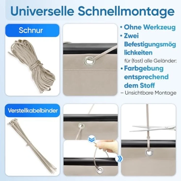 Sekey Balkon Sichtschutz Balkonabdeckung Balkonverkleidung blickdichte Wind- und UV-Schutz, 100% Privatsphäre, mit Ösen, Nylon Kabelbinder und Kordel, Taupe 0. 75×4m – Bild 4