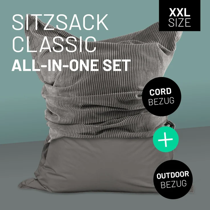 Lumaland Sitzsack Classic XXL All-in-One Set | Riesen Sitzsack XXL mit Cord & Outdoor Bezug für drinnen & draußen | Sofa Sessel mit im Innensack sicher verpackter EPS-Füllung – Hüllen Easy wechselbar – Bild 2